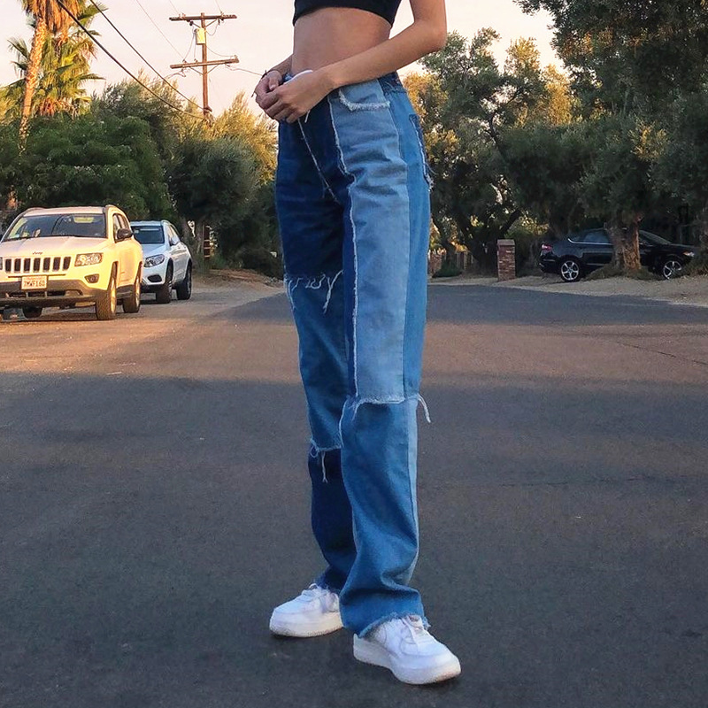 Contrast Color Jeans Women's Spring Stitching High Waist Casual Straight Female Streetwear Cowboy Pants 5A77 210427