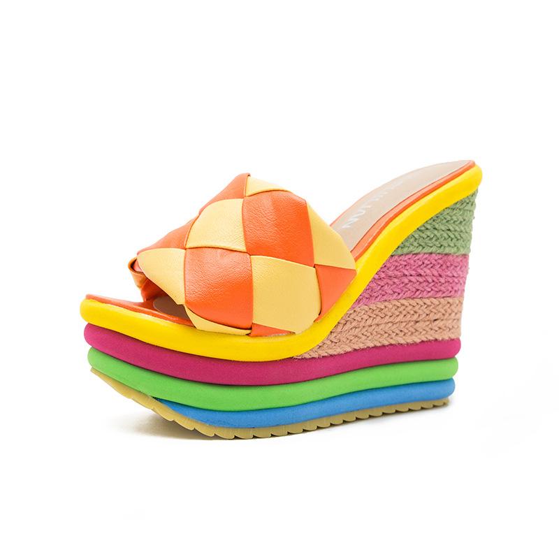 Sandals 2021 Summer Platform Wedge For Women's With Lovely Ainbow Color Weave Fish Mouth High Heels Shoes