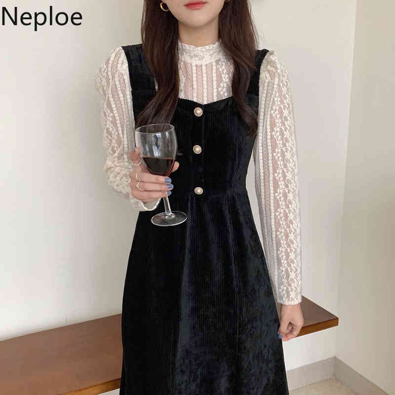 Neploe Elegant Lace Dress Long Sleeve Black Dresses Women Clothing Korean High Waist Vestidos Vintage Stand Neck Corduroy Robe 210422