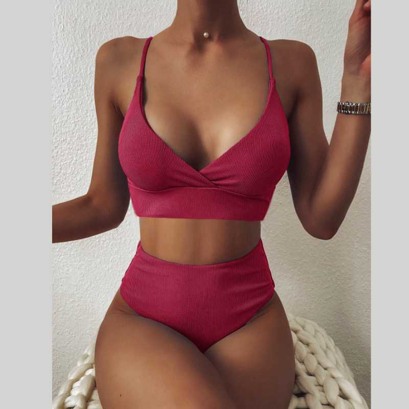 Sexy Bikini Swimwear Women Special Fabric Swimsuit Biquini Two Pieces Beachwear Push Up High Waist 210625