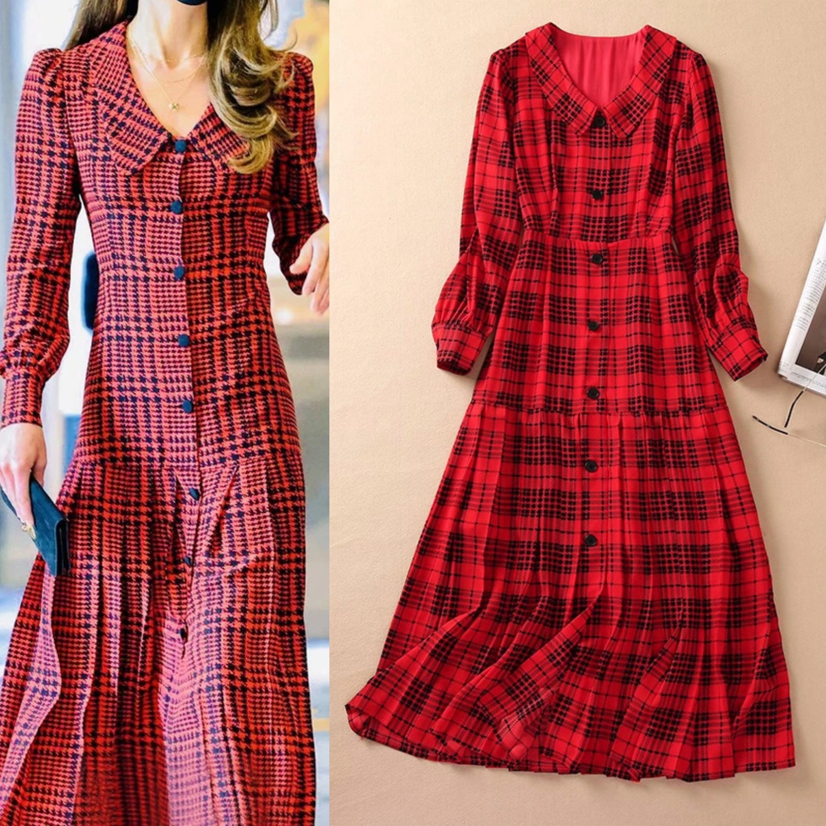 Star same style autumn high-quality dress long-sleeved plaid cotton blend, As picture
Star same style autumn high-quality dress long-sleeved plaid cotton blend, As picture
