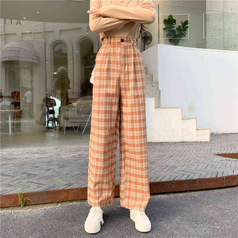 Simple Vintage Plaid Causal Long Women Pants Street Fashion Straight Wide Leg Pant 211115