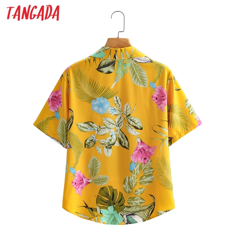 Women Retro Leaf Print Chiffon Shirt Summer Blouse Short Sleeve Chic Female Tops 1F142 210416