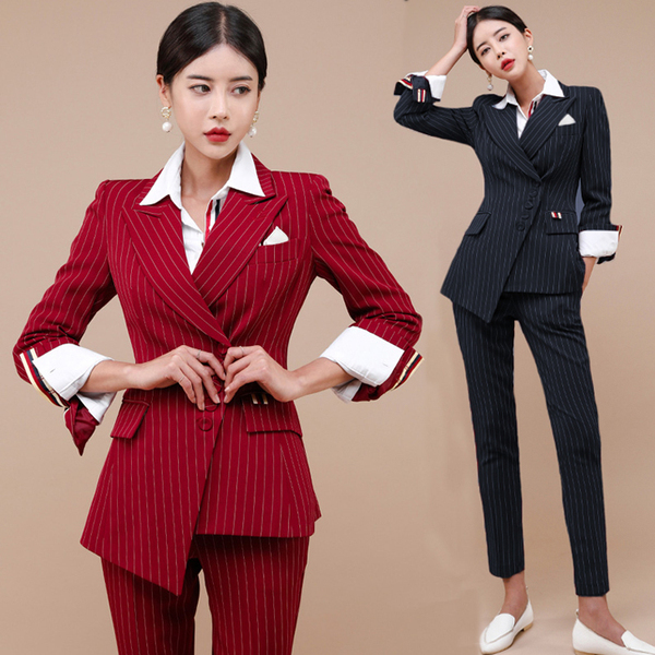 Business Women 2 Piece Pant Set Autumn Winter single-breasted Striped Blazers coat + Office OL Ladies Pencil Trousers Suit 210519