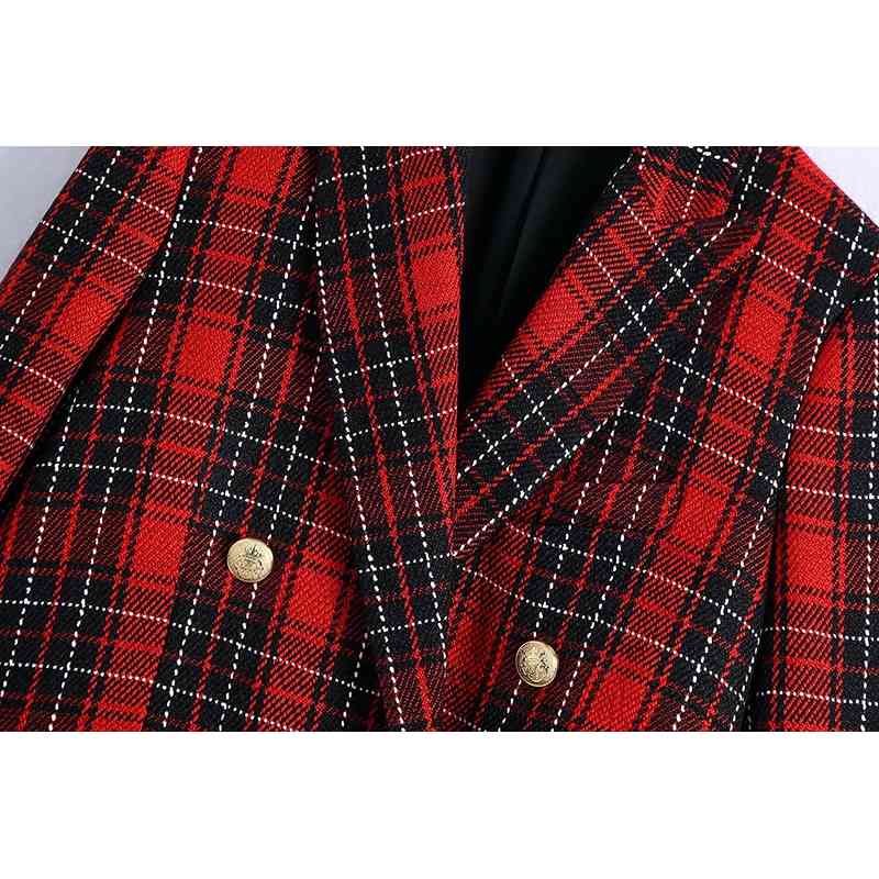 Tweed Women Red Plaid Blazer Jackets Spring-Autumn Fashion Ladies Elegant Notched Collar Coats Vintage Female Chic 210527