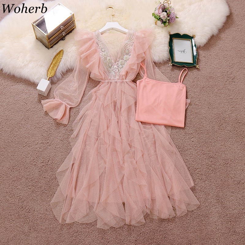 Dresses Women Spring Irregular Dress V-Neck Flare Sleeve Gauze Femme Roupas Korean Suit Sling Base Two-piece Set Vestidos 210519