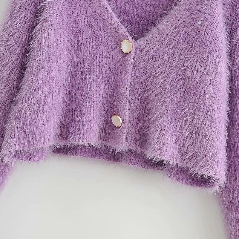 Sexy V-neck Long Sleeve Short Mohair Knit Women's Sweater Korean Style Loose Single Breasted Sweet Chic Female Coat 210507