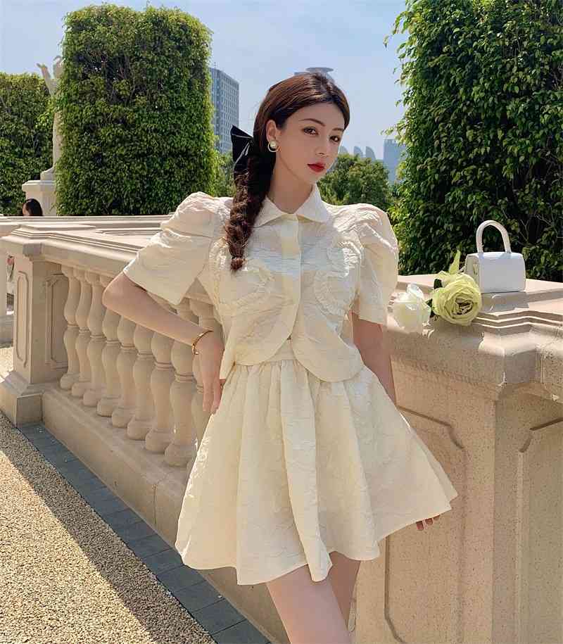 French Elegant 2 Piece Sets Fashion Sweet Peter Pan Collar Puff Sleeve Shirt Top + High Waist Mini Skirts Women Set Femme 210519