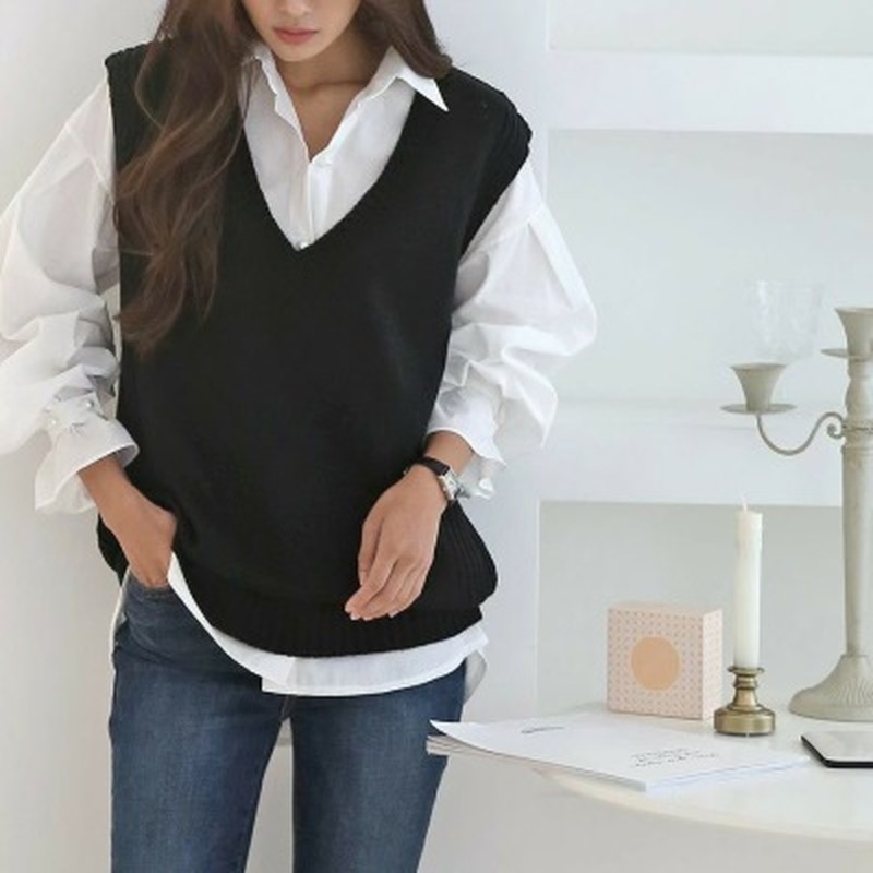 Women Retro Loose Sweater Vests Spring Autumn Korea Sleeveless White Knitting Tops Female V-Neck Knitted Tank Top Mujer 210514