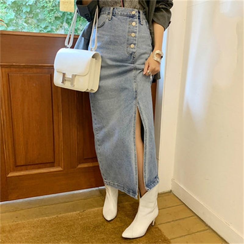 Korea New Denim Skirts Fashion Split Long Skirts Solid Party High Waist Jeans Skirt for Women 210421