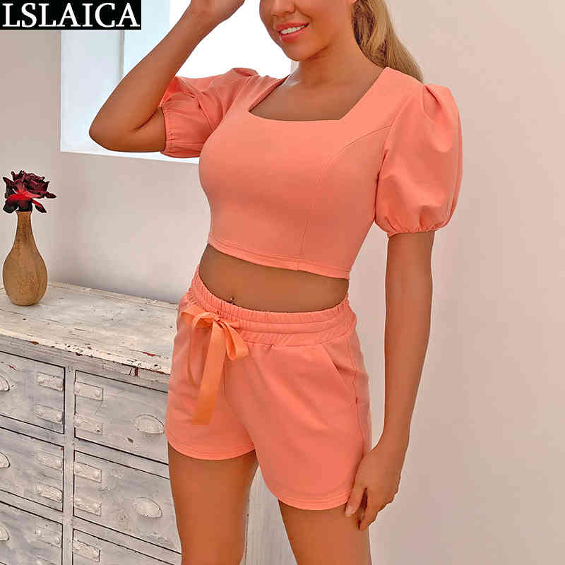 Solid Color Set Clothes for Women Short Sleeve Crop Top&short Pants Drawsrting Slim Fashion 2 Peice Pockets Homewear 210520, Coral red 
Solid Color Set Clothes for Women Short Sleeve Crop Top&short Pants Drawsrting Slim Fashion 2 Peice Pockets Homewear 210520, Coral red