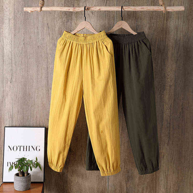 Summer Autumn Casual Cotton Linen Pants Women Elastic Waist Solid Basic Loose Women's Harem Plus Size Trousers 211115