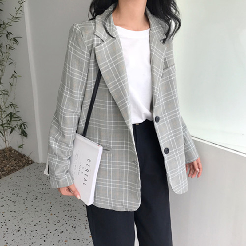 Autumn Korea Fashion Women Long Sleeve Loose Blazers Coat Female Casual Plaid Blazer Retro Bleizer Femeninos Top Quality S82 210512