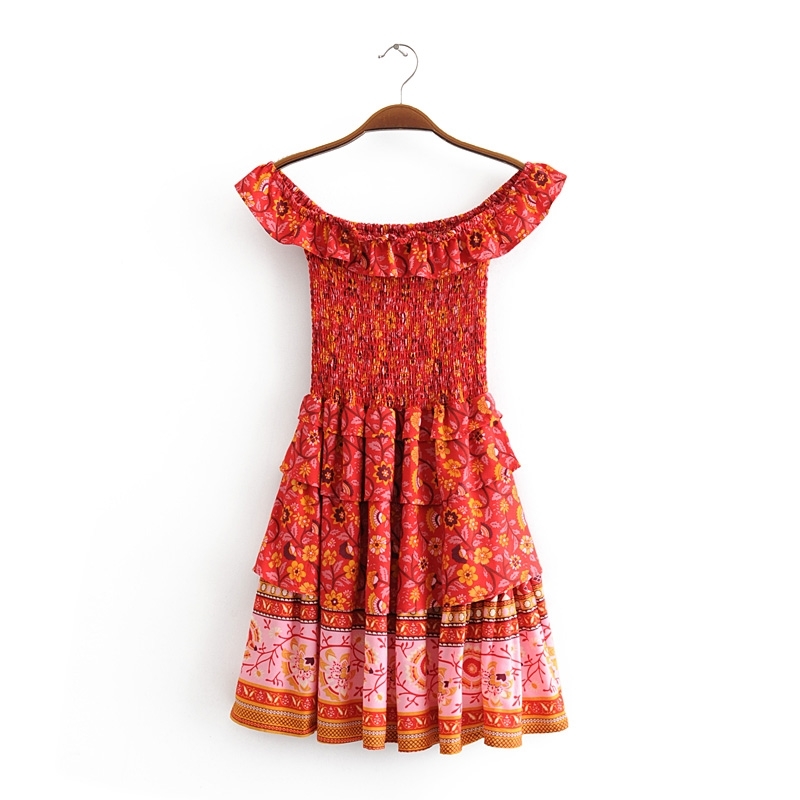 beauty Fashion Boho Floral Print Mini Dress Women Holiday Chic Pleated Fold Dresses Female Off Shoulder Beach Wear 210514