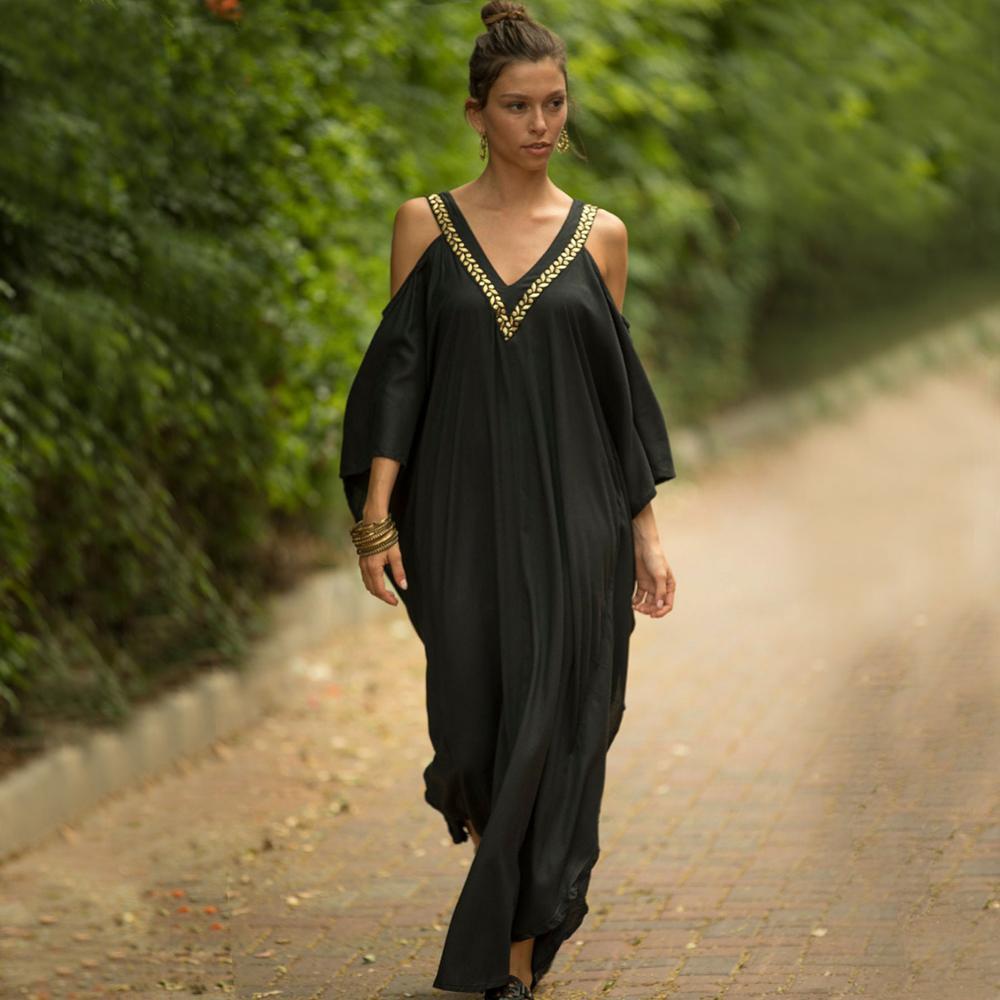 Sexy Cold Shoulder V Neck Bats Sleeve Loose Summer Beach Dress Plus Size Women Beachwear Kaftan Black Cotton Dress Q943 210409