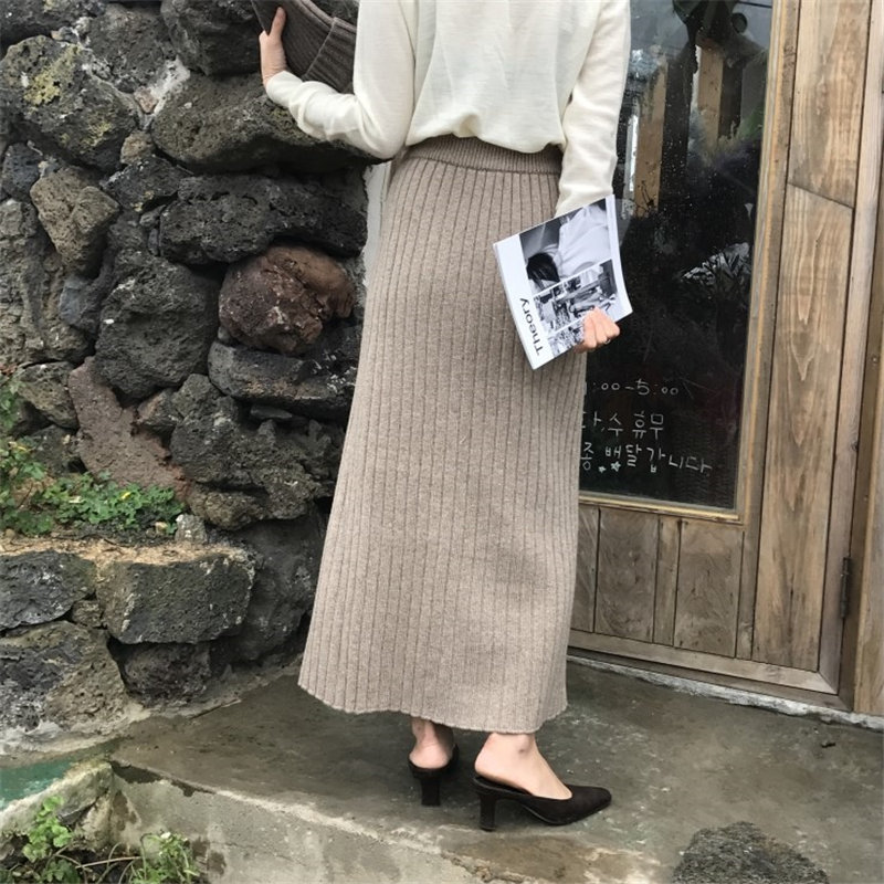 Minimalist OL Elegant Solid Split Long Skirts Elastic High Waist Slim Knitted Office Lady Female Women 210421