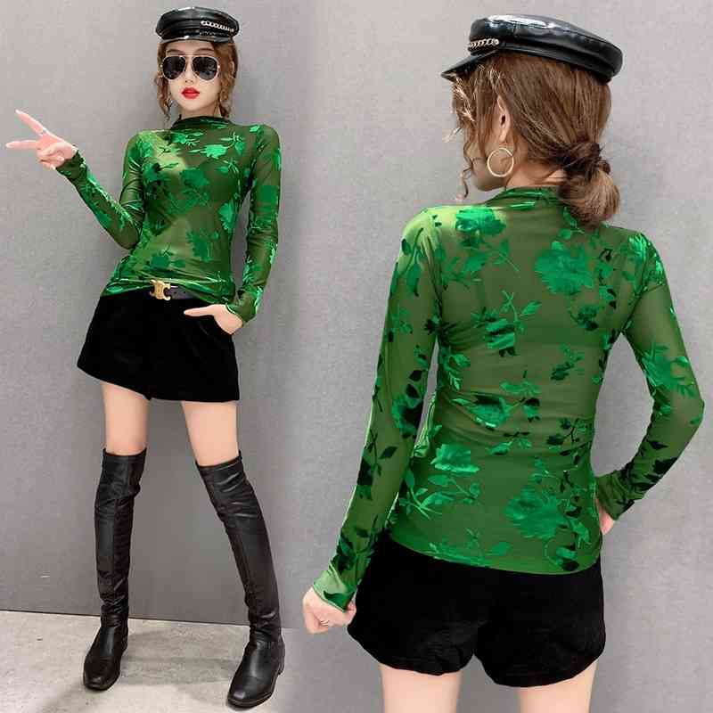 Autumn Fashion Lady Sexy Transparent Pullovers Women Bodycone Mesh Shirts Femme Velour T Shirt Tops 210406