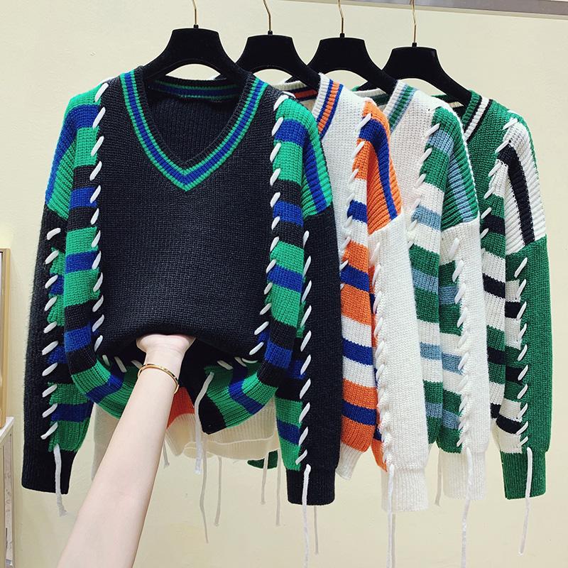 Women's Sweaters Han Edition Loose Color Matching Sweater Female Winter Design Feeling Lazy Striped Drawstring V-neck Jacket, Green
Women's Sweaters Han Edition Loose Color Matching Sweater Female Winter Design Feeling Lazy Striped Drawstring V-neck Jacket, Green