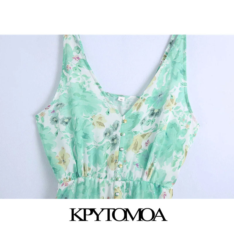 Women Chic Fashion With Covered Buttons Floral Print Midi Dress Backless Thin Straps Female Dresses Mujer 210420