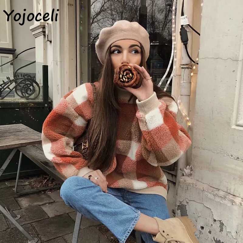 Yojoceli casual trendy plaid sweatshirt pullover women crewneck loose female top streetwear 210609
