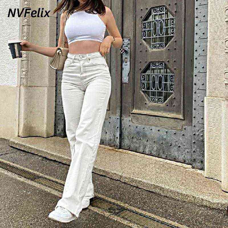 White Straight Leg Jeans For Women High Waist Stretch Denim Mom Jean Baggy Pants Casual Comfort Loose Tassel Fashion Trousers 211129