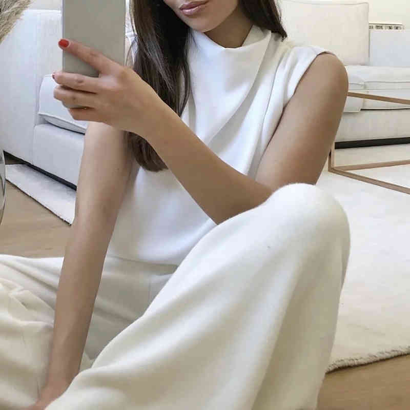 VGH White Elegant Shirts For Women Stand Collar Sleeveless Patchwork Zipper Minimalist Loose Casual Blouses Female Tide New 210421