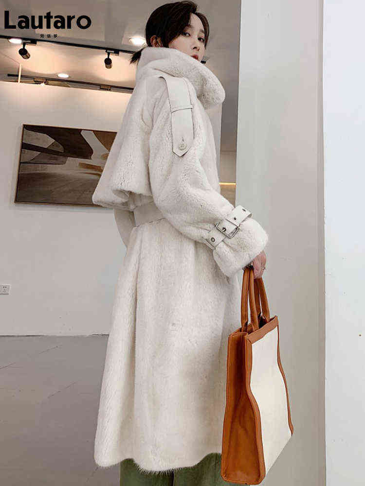 Lautaro Winter Long White Thick Warm Soft Fluffy Faux Mink Fur Trench Coat for Women Double Breasted British Style Fashion 211123