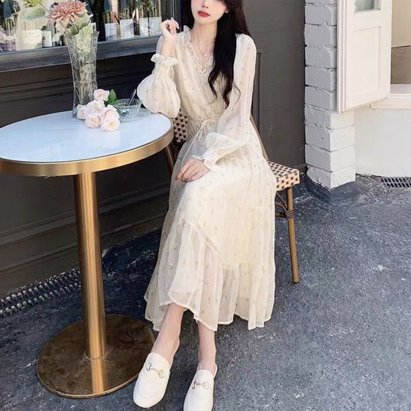Summer Floral Dress Women French Elegant Chiffion Casual Sweet Fairy V-neck Midi Dress Office Lady Dress Korean 210521