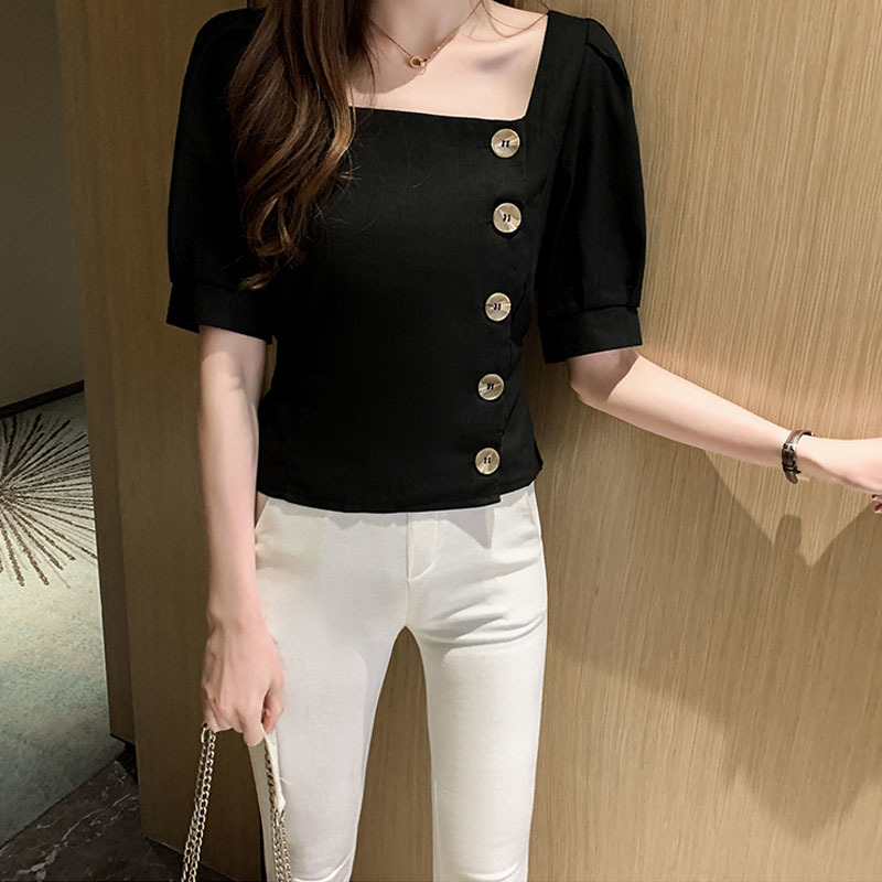 Korean Puff Sleeve Solid Button Shirts Vintage Linen Cotton Shirt Woman's Blouses Slim Short Top Ropa De Mujer 9637 210506