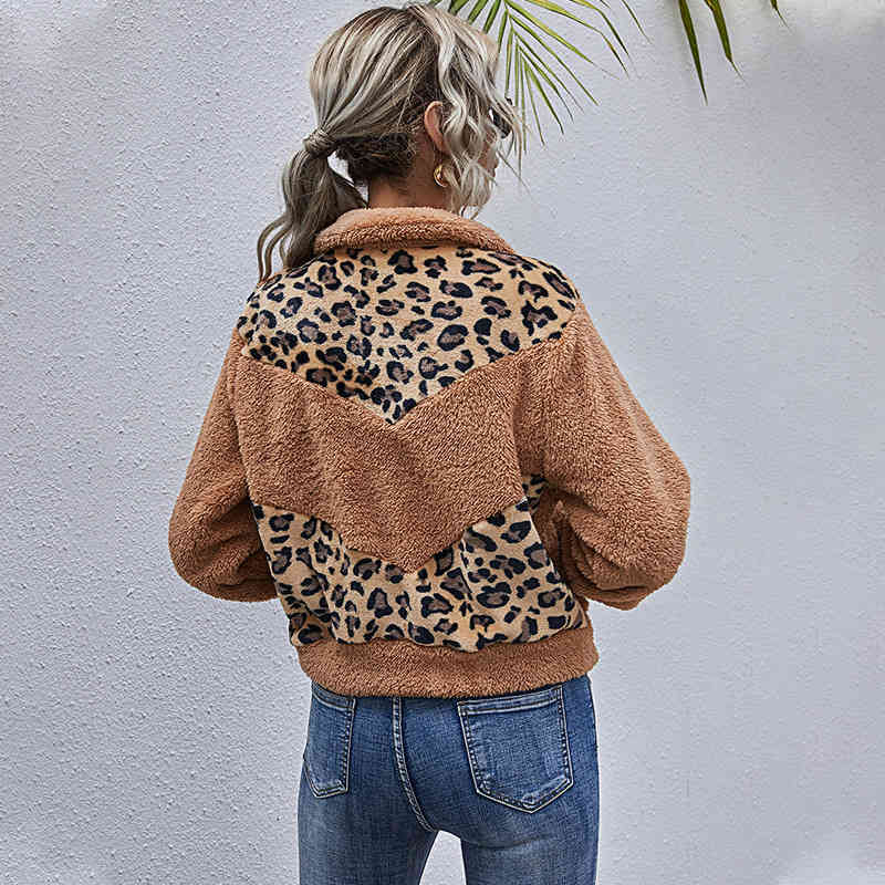 Leopard Patchwork Teddy Cashmere Jacket Women Autumn Winter Short Plush Coat Pocket Warm Fleece Jacket For Women New 210413