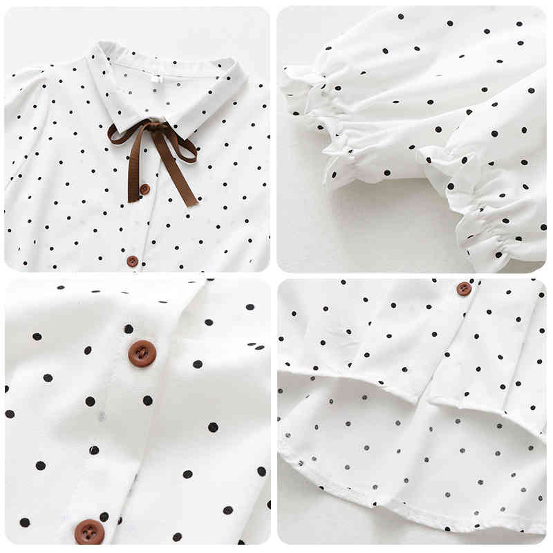 Women Retro Polka Dot Blouses Spring Autumn Bow Collar Long Sleeve Chiffon Shirts Female Single-Breasted Sweet Blusas Tops 210514