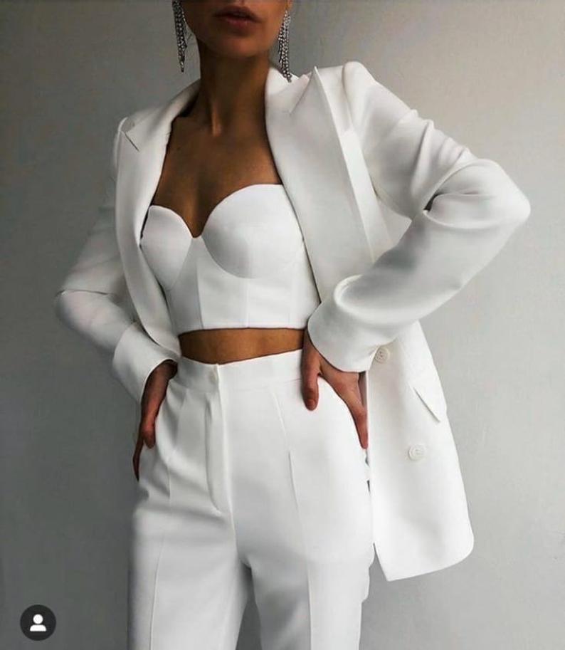 White Bridal Wedding Suits Peaked Lapel Long Sleeve Bride Photography Outfits Leisure Evening Party Wear (Jacket+Pants)