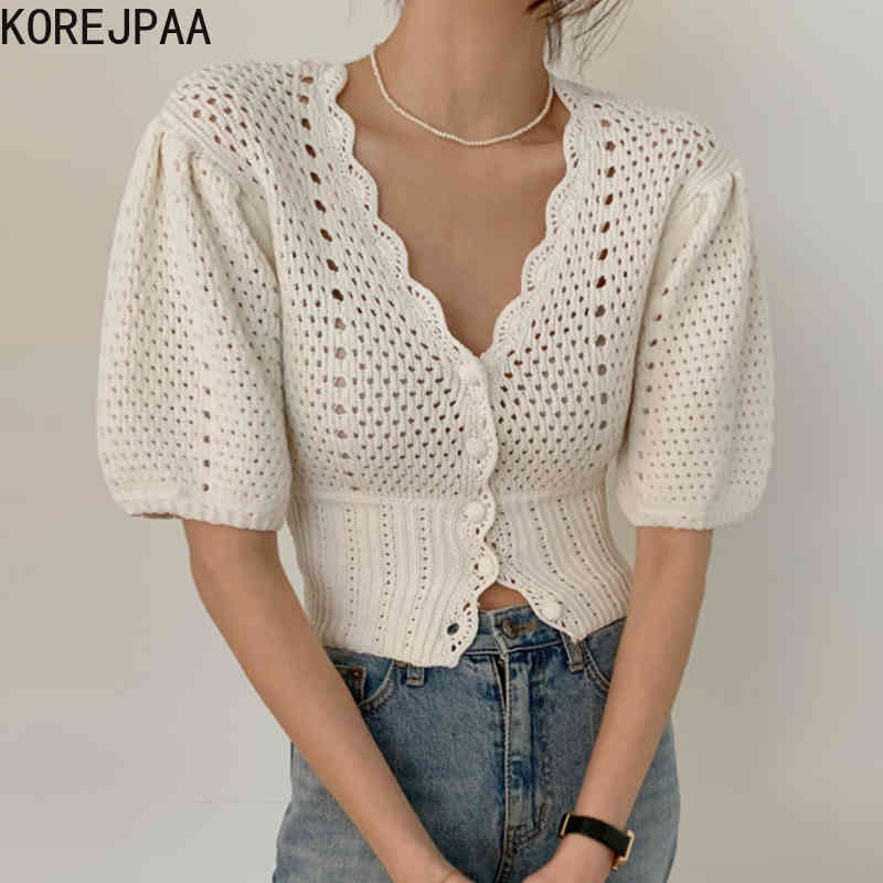 Women Sweater Summer Korean Chic Female Gentle Temperament V-Neck Single-Breasted Puff Sleeve Hollow Knit Cardigan 210514