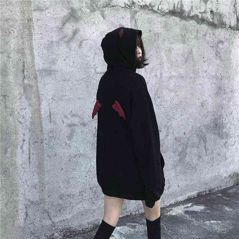 Spring Autumn Women Sweatshirts High Street Harajuku Cute Hoodies Punk Gothic Devil Horn Chic Hooded Pullover Loose Sweat CA6865 211109