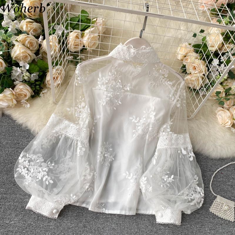Korean Elegant Puff Long-sleeved Shirt Women Summer Floral Embroidery Blouse Womens Tops Casual Office Mesh Blusas 210519