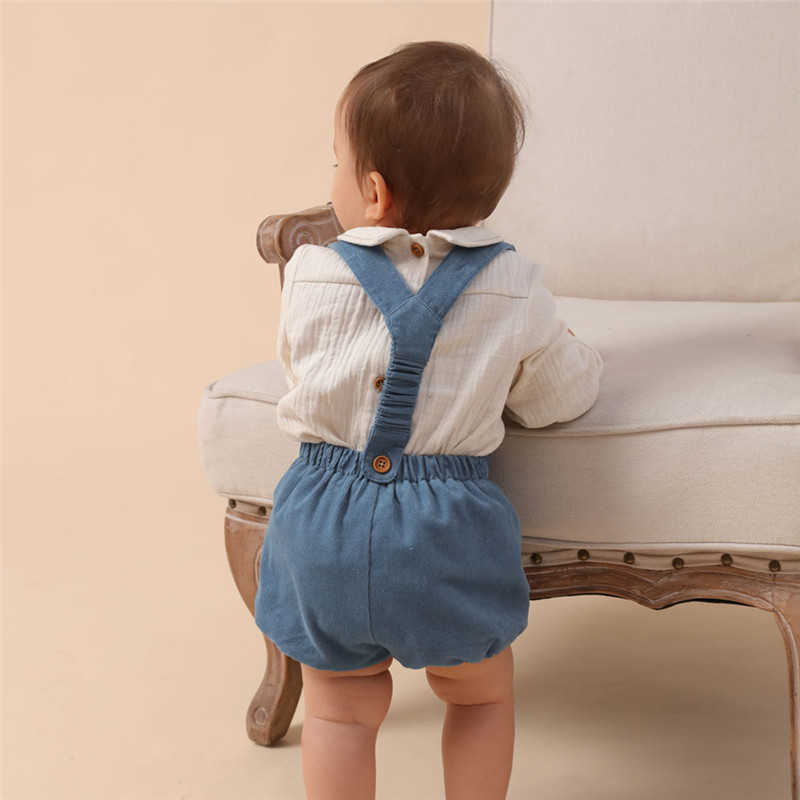 2Pcs Children Spanish Boutique Clothing Baby Boys Birthday Baptism Clothes Set Toddler Long Sleeve White Shirt + Blue Overalls 210615