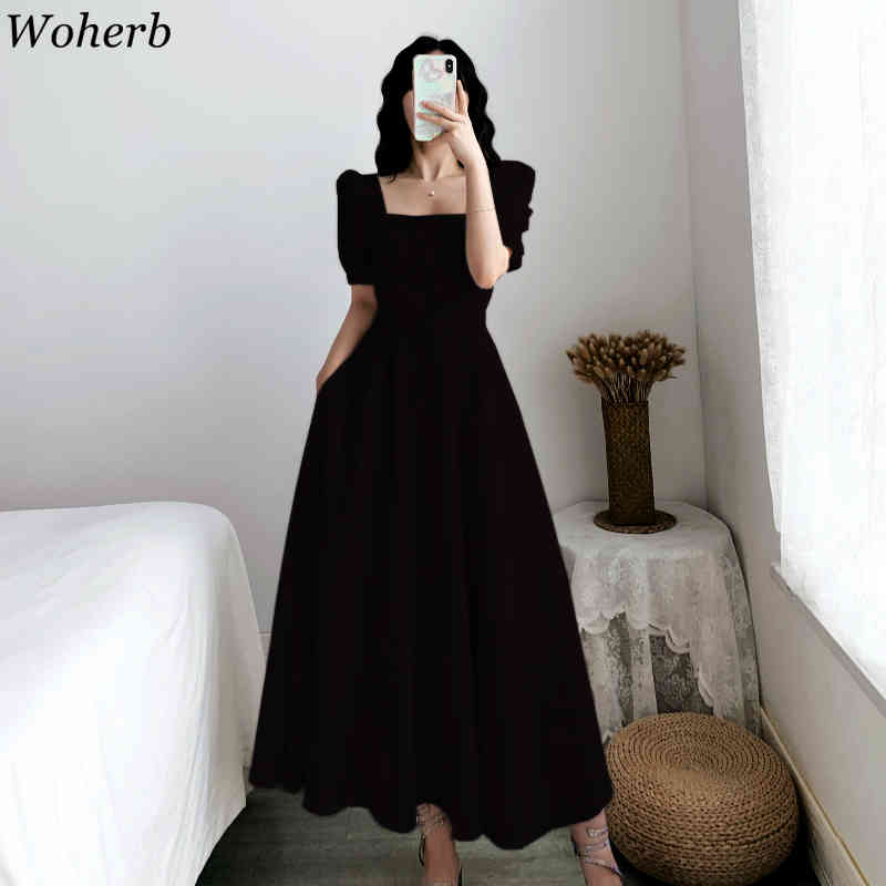Temperament Woman Dress Summer Vintage Robe Square Collar Puff Sleeve Backless Vestidos Slim Elegant Maix Dresses 95383 210519