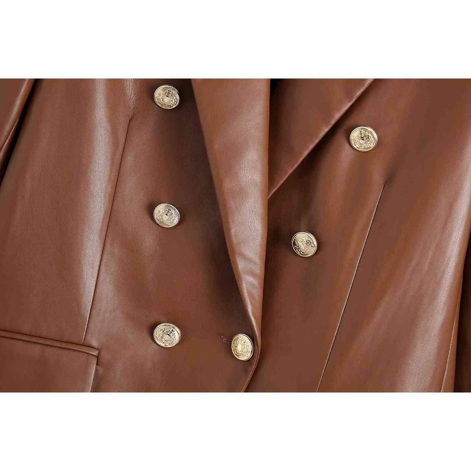 DUOPERI Fashion Faux Leather Blazer Women Elegant Long Sleeves Double breasted Office Lady Suit Female veste femme 211122