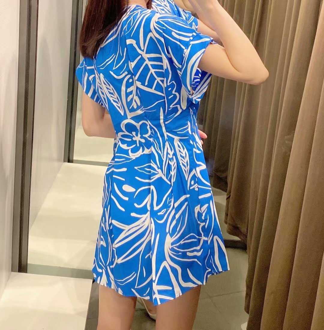 Summer Women Printed Dress V-neck Short Sleeves elegant Casual Fashion Chic Lady Woman Short Sundress 210709