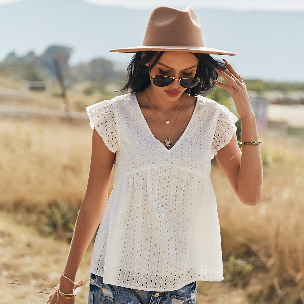 Casual White Cotton Embroidered Top womens tops and blouses fashion Summer Vintage Ruffle Sleeve Shirt for women 210508