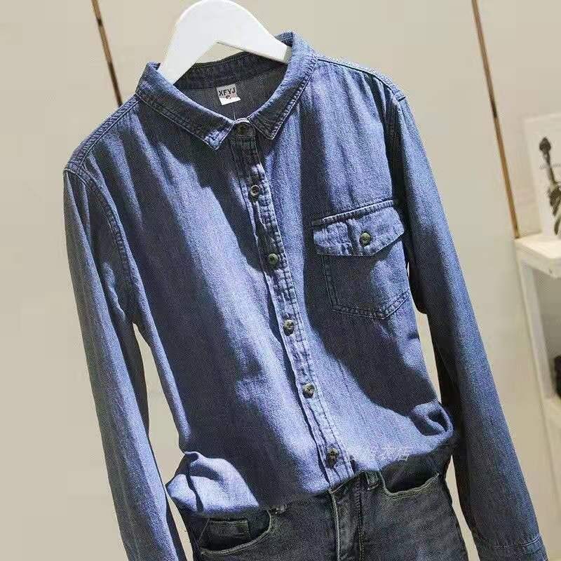 Women' Blouses & Shirts Spring/autumn Korean Style Women Turn-down Collar Pockets Blouse Long Sleeve Single Breasted Cotton Denim, Blue 
Women' Blouses & Shirts Spring/autumn Korean Style Women Turn-down Collar Pockets Blouse Long Sleeve Single Breasted Cotton Denim, Blue