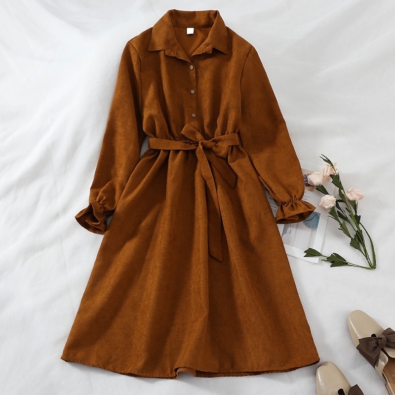 LoveFlowerLife Autumn Women Ladies High Waist A-Line Dress Long Sleeve Vestidos Long Dress Tie Bow with Belt Vintage Dresses 210521