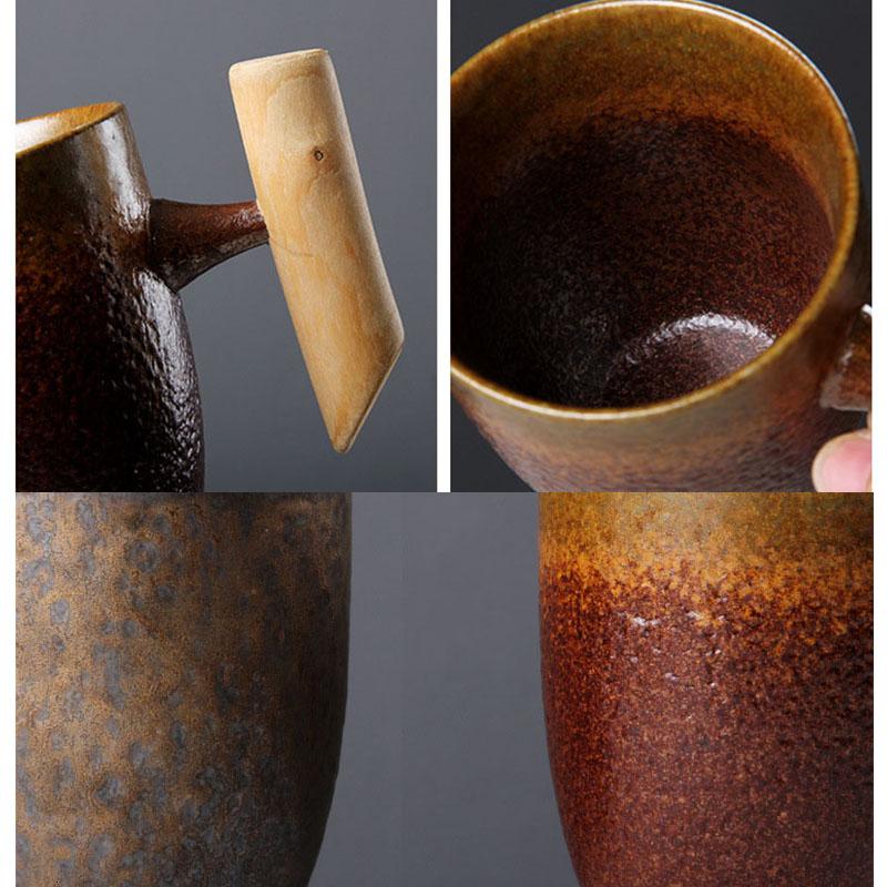 Mugs Creative Japanese Ceramic Coffee Mug Tumbler Rust Glaze With Wooden Handle Tea Milk Beer Water Cup Home Office Drinkware 300ML