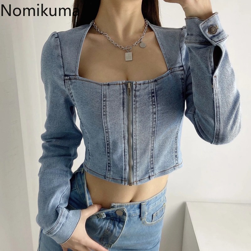 Nomikuma Spring New Sexy Slim Short Jeans Blouse Zipper Korean Long Sleeve Square Collar Shirt Fashion Korean Blusas 6F712 210427