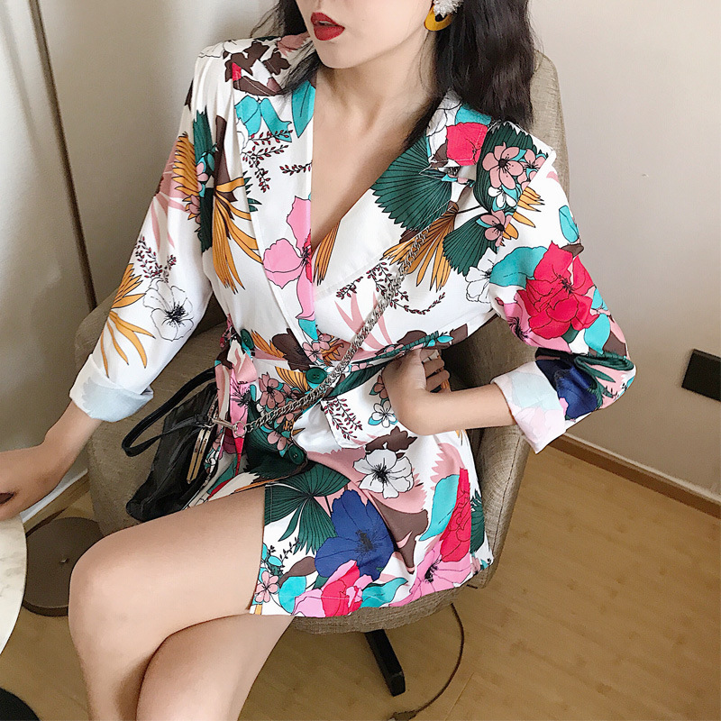 GetSpring Women Blazer Flower Printed Suit Double Breasted Long Sleeve Ladies Coat Lace Women's Jacket 210524
