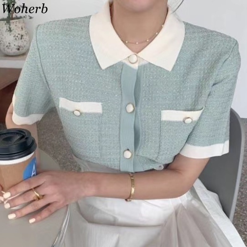 Summer Thin Short Sleeve Cardigan Women Korean Chic Knitwear Slim Contrast Color Cardigans Casual All Match Top 210422