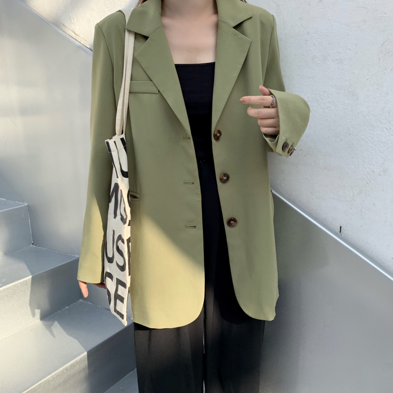 Korean Green Large Size Brief Solid Outwear Coats Streetwear OL Blazers Chic Vintage All Match Loose Stylish Jackets 210421