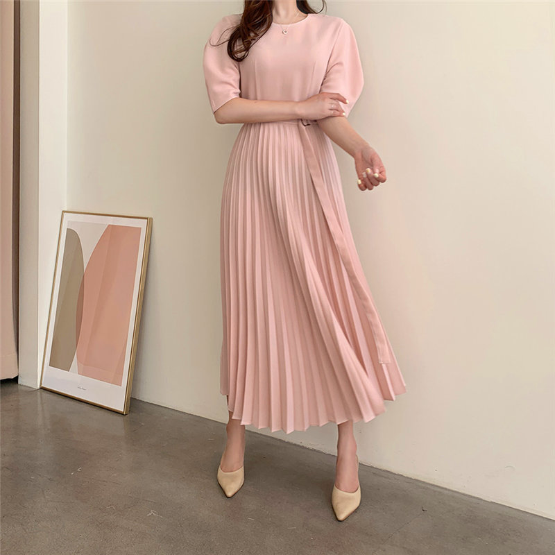 Women Elegance Brief Pleated Sweet OL Solid Slim Streetwear Short Sleeves Gentle Long Dresses Vestidos 210421