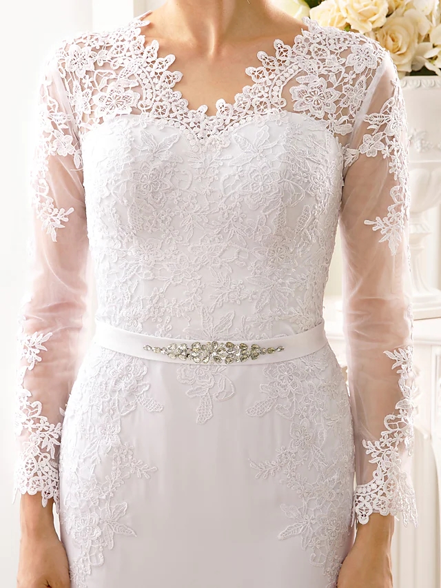 2022 Bridal Gown Trumpet Wedding Dress V Neck Court Train Chiffon Floral Lace Long Sleeve Sexy See-Through Backless Illusion Vestido De Noiva Robe De 