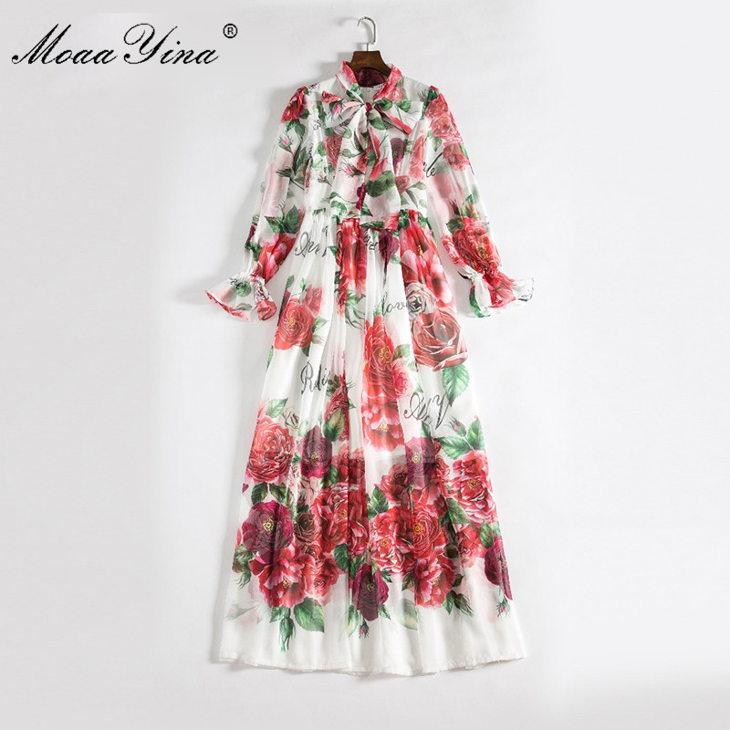 Spring Summer Maxi Dress Bow Collar rose Floral Prin Butterfly Sleeve Long Casual Holiday Bohemian Loose 210524